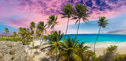 Panoramic photo of sunset over Bottom Bay beach in Barbados - obrazy, fototapety, plakaty