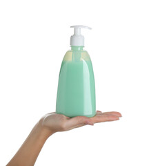 Woman holding liquid soap dispenser on white background, closeup