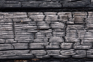 Textured monochrome background of rough burnt wood of dark color with cracks in rows