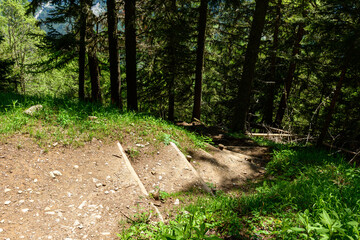 Fototapeta premium Wooden steps on a long distance hiking trail in the Mont Blanc massif in Europe, France, the Alps, towards Chamonix, in summer, on a sunny day.
