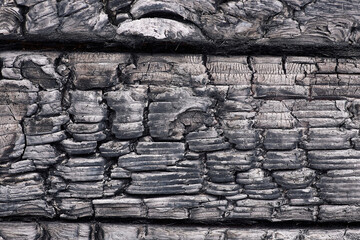Background of rough burnt wood of black and white colors with uneven texture and deep cracks