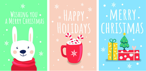 set of Christmas card with rabbit, mag and gifts