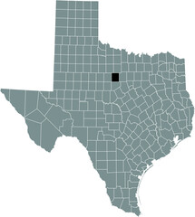 Black highlighted location map of the Stephens County inside gray administrative map of the Federal State of Texas, USA