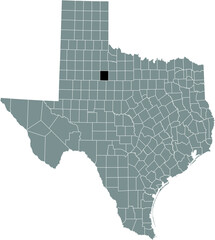 Black highlighted location map of the Stonewall County inside gray administrative map of the Federal State of Texas, USA