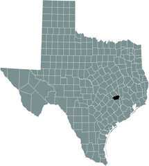Black highlighted location map of the Washington County inside gray administrative map of the Federal State of Texas, USA