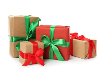 Different beautifully wrapped gift boxes on white background