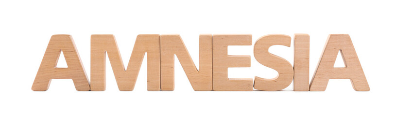 Word Amnesia made of wooden letters on white background