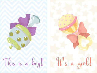 Gender reveal party invitation template. Boy or girl? Baby shower clipart. Blue and pink colors. Gender reveal. Vector illustration Isolated on white background