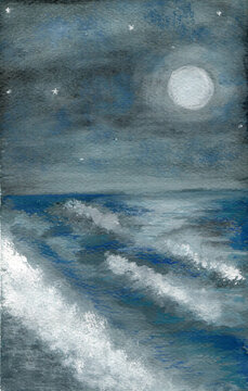 moon over sea gouache painting 