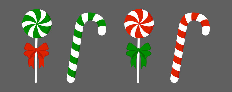 Candy cane and lollipop with  bow. Christmas sweetness. Vector illustration isolated, flat style.