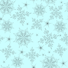 Seamless pattern with black snowflakes on a blue background.  A good element for a Christmas banner, packaging. Traditional Christmas decoration.Vector illustration.
