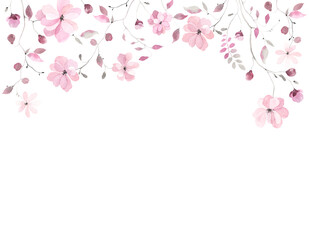 Spring horizontal border with abstract delicate pink flowers, buds and leaves, watercolor floral illustration isolated on white background, banner for invitation or greeting card, wedding or cover.