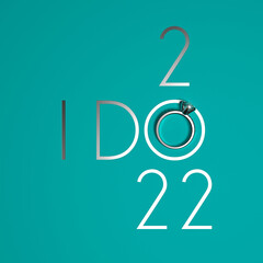 Elegant 2022 New Year design template with luxury diamond engagement ring on a turquoise (tiffany blue) background. Creative 3D render illustration for a calendar, greeting card or banner.
