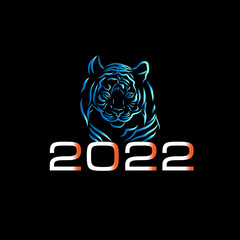 Tiger symbol.Happy New Year 2022. The year of the blue water tiger according to the lunar Eastern calendar. Creative tiger logo and number 2022 on a black background . Template for banner, poster.