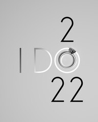 Elegant 2022 New Year design template with luxury diamond engagement ring on a white background. Creative 3D render illustration for a calendar, greeting card or banner.