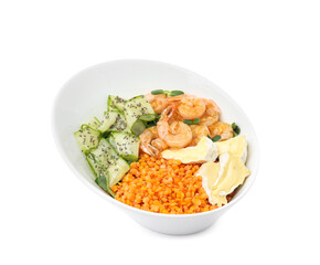 Delicious lentil bowl with shrimps, soft cheese and cucumber on white background