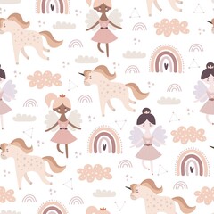 Seamless pattern with cartoon unicorn, princess, rainbow, decorative elements. Flat style colorful vector illustration for kids. hand drawing. baby design for fabric, textile, print, wrapper.