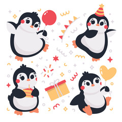Cute vector birthday party clipart set with funny Penguins, garland, balloons, stars, birthday caps, numbers. Birthday party illustration