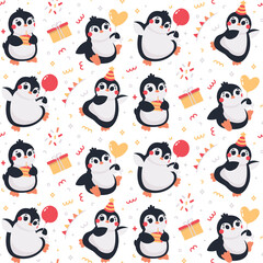 Birthday vector seamless pattern with funny dancing penguins with balloons in birthday caps with confetti, garland, gifts. Celebratory holiday party wallpaper