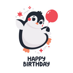 Cute vector birthday party cards with funny Penguins with balloon and confetti. Celebratory holiday party card