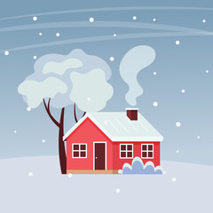 Fototapeta premium Rural house on the background of a winter landscape. Vector flat illustration