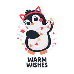 Cute vector birthday party cards with funny Penguins with cat ears, garland and confetti. Celebratory holiday party card