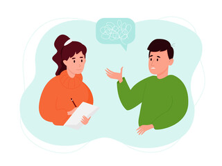Mental health concept - man talking to a psychologist about problems. Psychotherapy session. Vector flat illustration