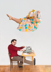 The excited author typing on a typewriter, over his head is levitating muse with the lyre