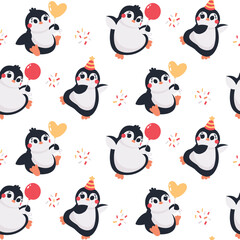 Birthday vector seamless pattern with funny dancing penguins with balloons in birthday caps with confetti, garland, gifts. Celebratory holiday party wallpaper
