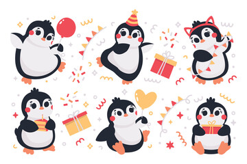 Naklejka premium Cute vector birthday party clipart set with funny Penguins, garland, balloons, stars, birthday caps, gifts. Birthday party illustrations