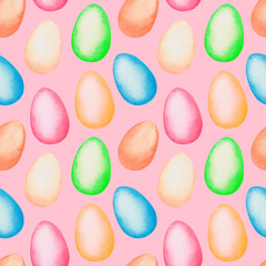 Easter eggs seamless pattern. Watercolor vintage illustration. Isolated on a pink background.