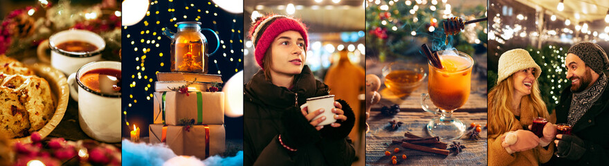 Preset, desing for greeting poster. Christmas and New Year holiday atmosphere. Christmas decoratios and people at winter city fair