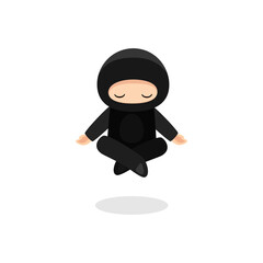Cute ninja levitating meditating isolated on white background