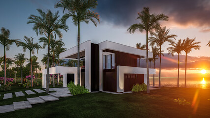 Fototapeta na wymiar 3d rendering of modern cozy house with pool and parking for sale or rent in luxurious style by the sea or ocean. Sunset evening by the azure coast with palm trees and flowers in tropical island