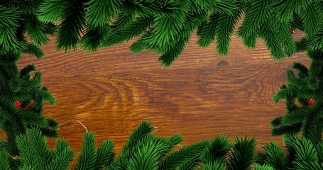 Directly above view of green pine needles on wooden table