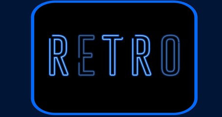 Digital composite image of illuminated neon retro text in blue over black background