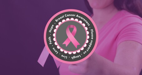 Digital composite image of woman with pink ribbon and breast cancer awareness slogan - Powered by Adobe