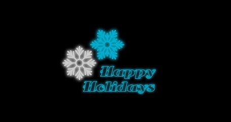 Digital composite of happy holidays text and snowflakes with copy space on black background