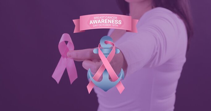 Composition of woman with pink ribbon on anchor and breast cancer awareness text, copy space