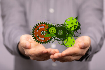 Mechanism green gears and cogs at work on black background. Industrial machinery. 3D illustration. 3D high quality rendering.