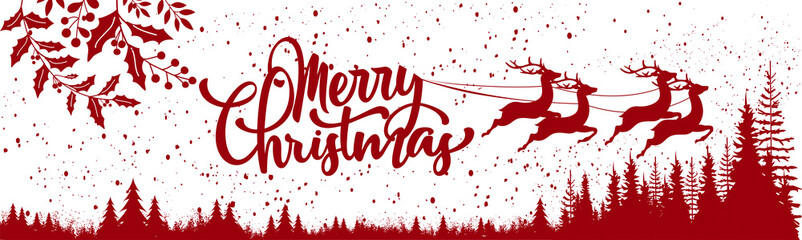 Merry Christmas banner with winter snowfall background and pine trees. Typography text with Santa reindeers. Christmas Red and white theme.