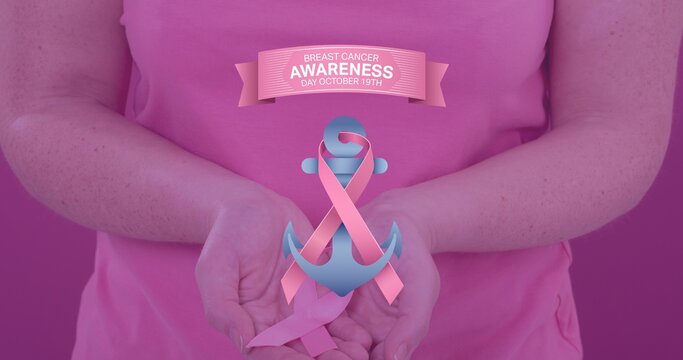 Composite image of woman with pink ribbon on anchor and breast cancer awareness text