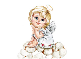 Angel girl is sitting on cotton flowers.Watercolor illustration.