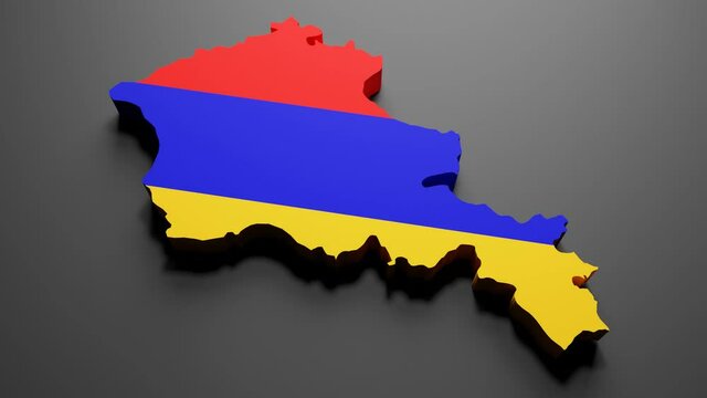 3d rendering of an Armenia  map in Armenian flag colors on black background. 4K Video motion graphic animation.