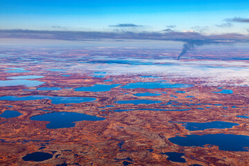 Air photo of tundra in autumn, Yamal, Western Siberia. - obrazy, fototapety, plakaty