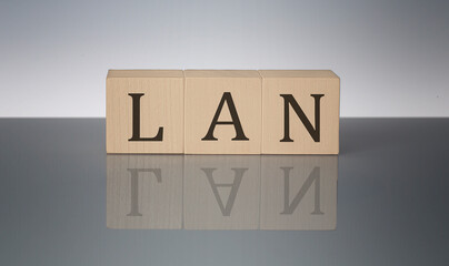 LAN concept, wooden word block on the grey background