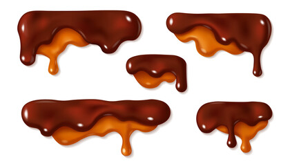 Set of melted chocolate with caramel drop of sweet sauce isolated on white background. Orange and brown paint stains design. Vector illustration. Realistic horizontal leaking syrup dripping