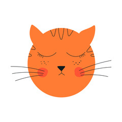 Abstract simple cat face. Ginger cute red haired kitty offended by something. Vector hand drawn illustration. Flat line art design
