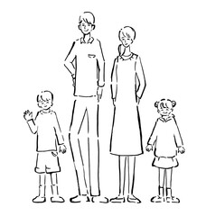 笑顔の4人家族の全身手描きイラスト　線画　