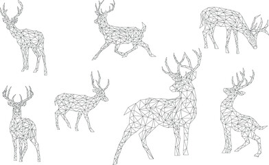 set of trianglar monochrome polygonal christmas deers. Outline reindeer symbol isolated on a white background.